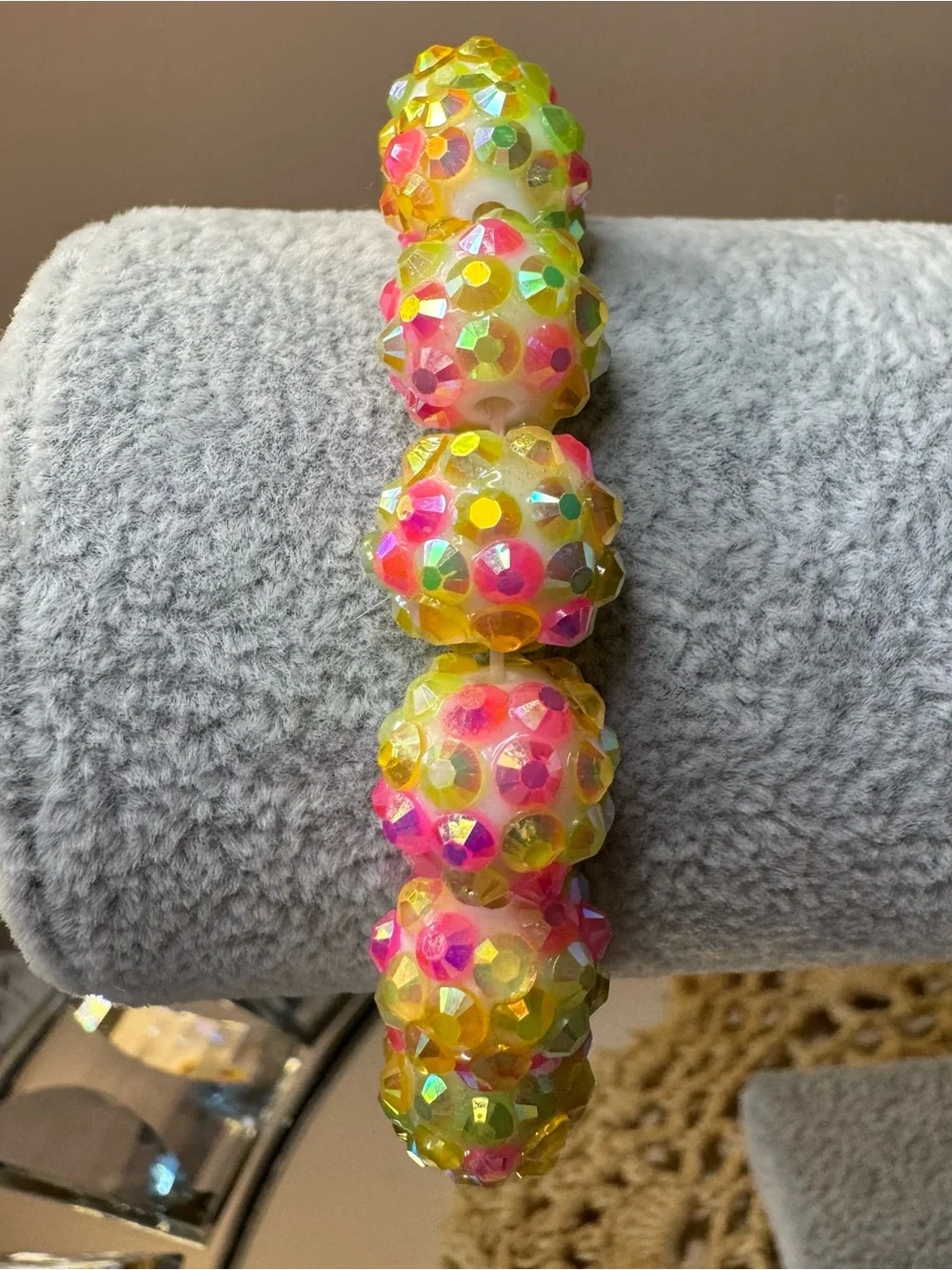 Sparkle Bead Neon Yellow and Pink Stretch Bracelet